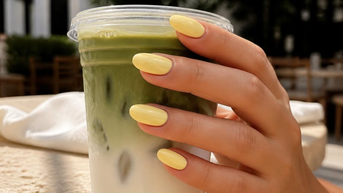 Person holding a clear cup of matcha latte with yellow nail polish, sunlit outdoor setting